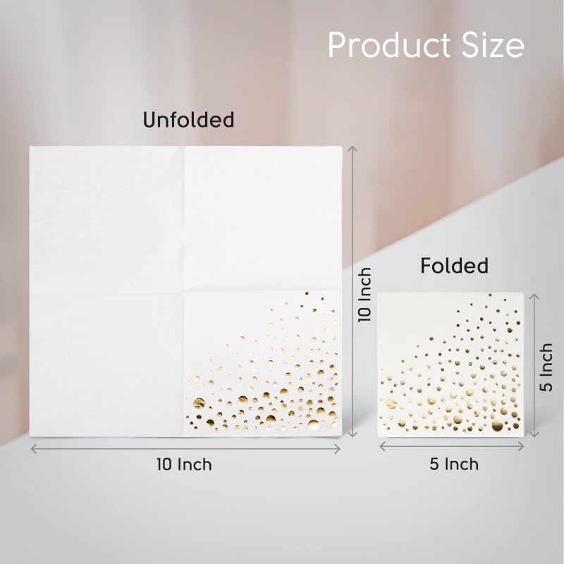 The Essential Concierge Stylish Gold Cocktail Napkins, 100 Disposable Party Napkins, Gold Dessert Napkins, 3-Ply, 5x5 Inch White and Gold Napkins, Disposable Wedding Cocktail Napkins, Party, Shower or Gold Beverage Napkins - Image 4